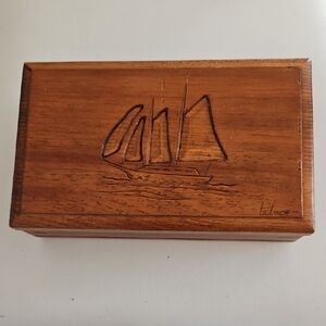 Vintage Gerard Craft Wooden Box With Nautical Sailboat Artist Carved Motif